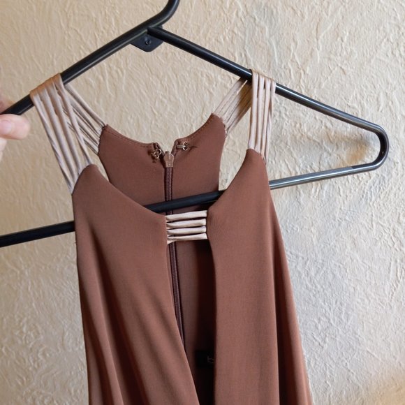 Vintage 90s Keyhole Asymmetric Mocha/Tan Flapper Inspired Dress - Picture 4 of 16